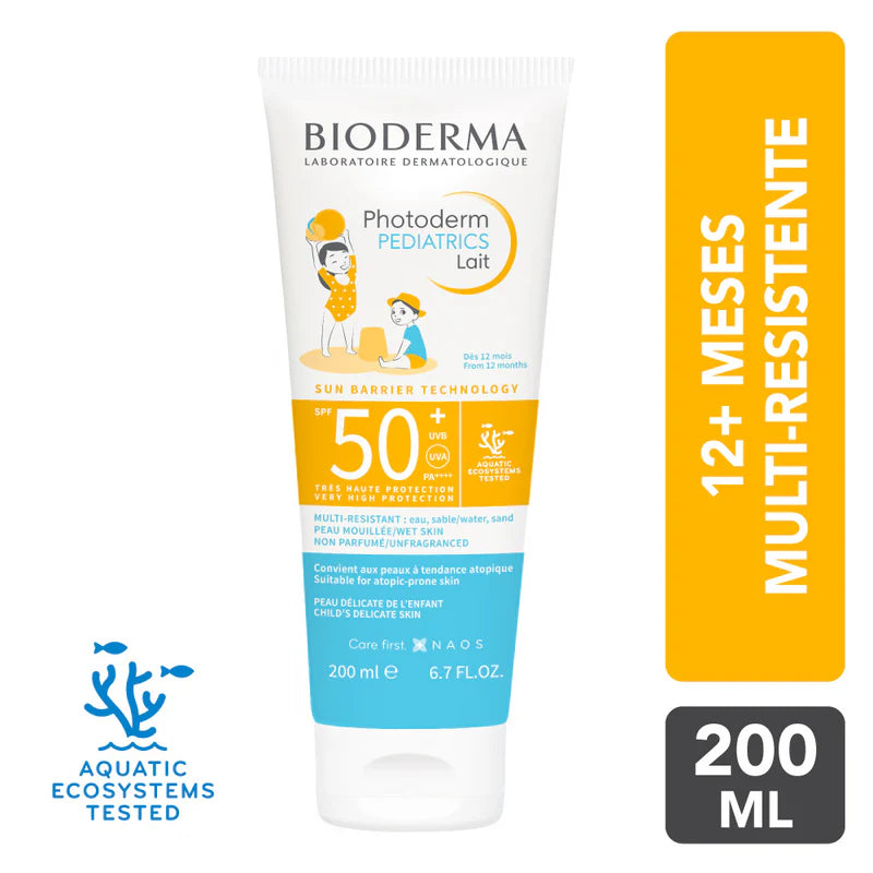 Bioderma sunscreen tube for children with SPF 50 on a white background