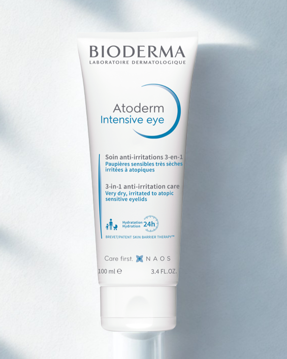 Bioderma Atoderm Intensive eye cream tube on a light gray background