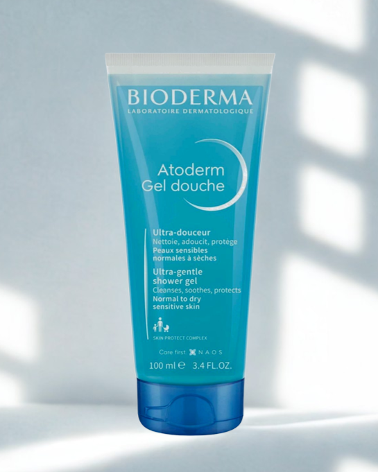 Bioderma Atoderm shower gel tube on a light background