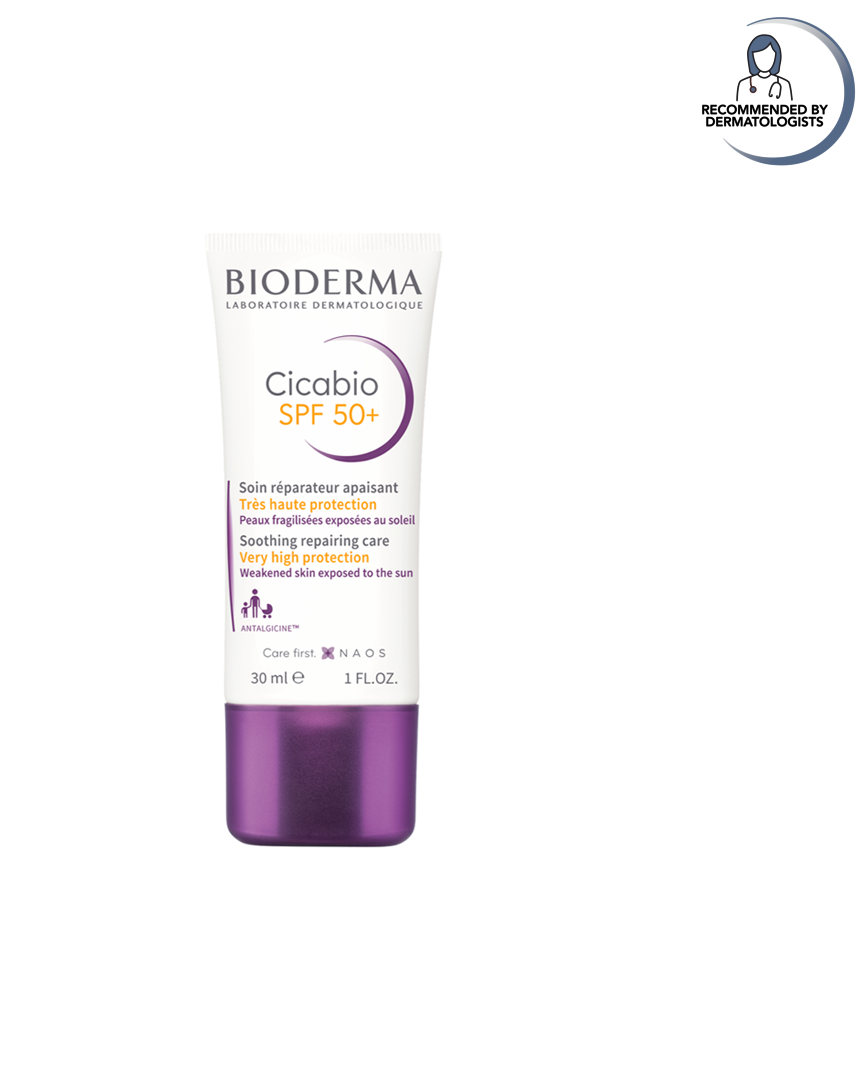 Bioderma Cicabio SPF 50+ cream tube on a white background