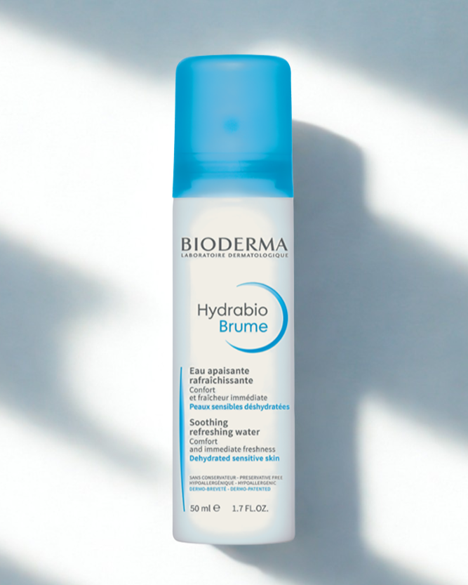 Bioderma Hydrabio Brume spray bottle on a light gray background