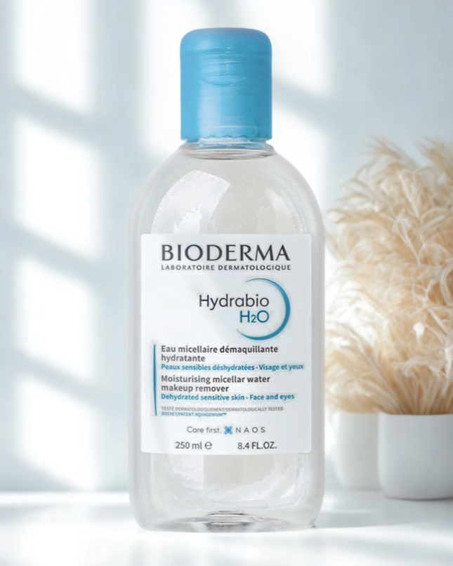 Bioderma Hydrabio H2O bottle on a blurred background