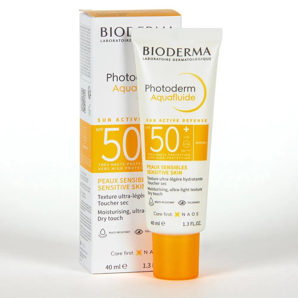 Bioderma Photoderm Aquafluide sunscreen tube and packaging on a white background