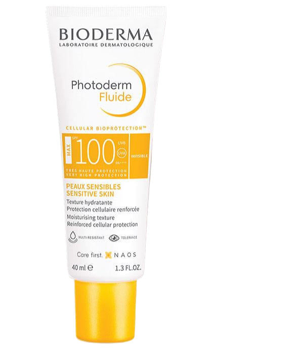 Bioderma Photoderm Fluid sunscreen bottle with yellow and white design on a white background