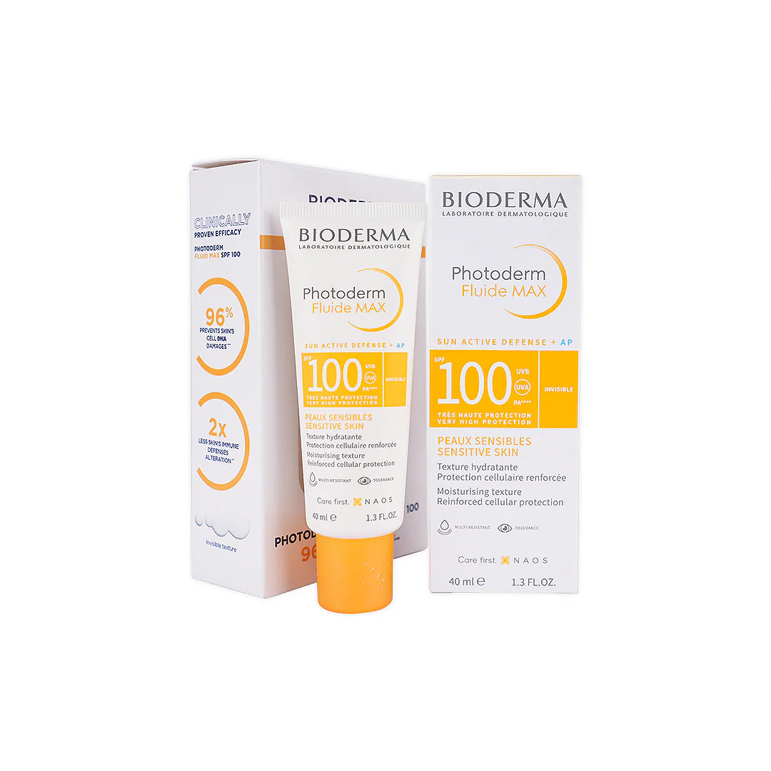 Bioderma Photoderm Fluide Max sunscreen bottle and packaging on a white background