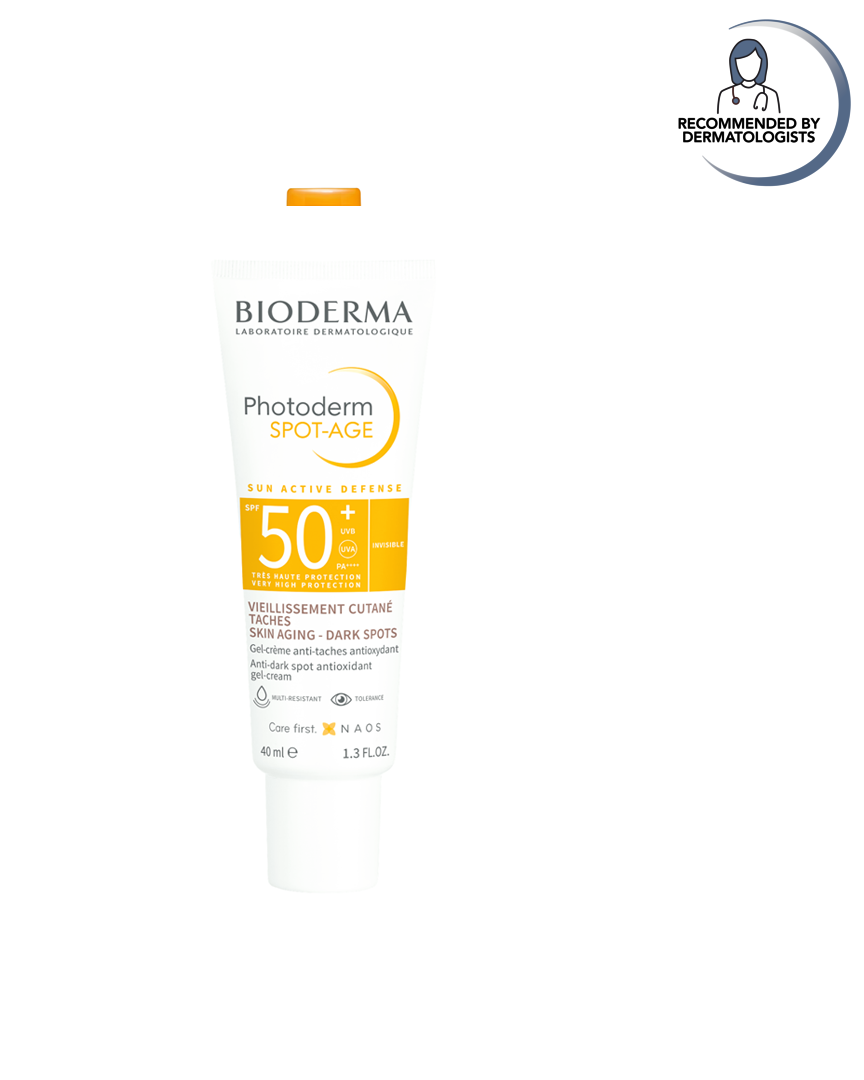 Bioderma Photoderm Spot-Age sunscreen bottle on a white background