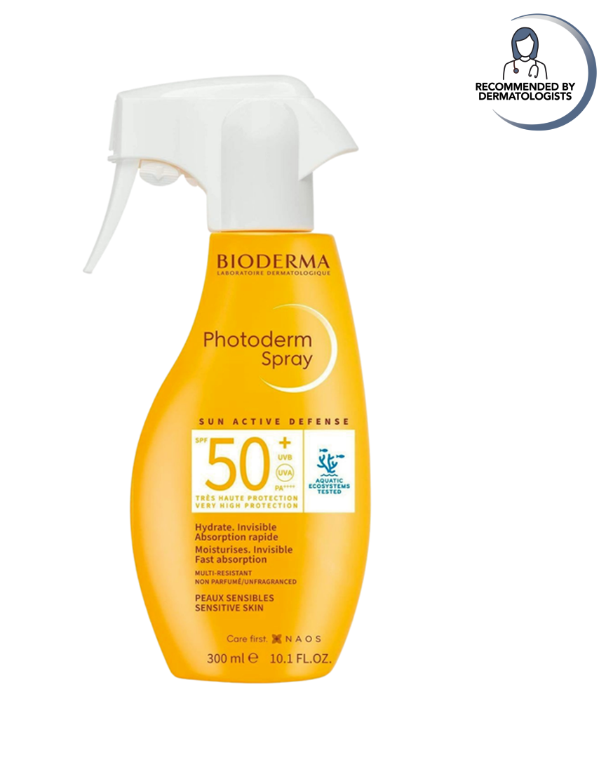 Bioderma Photoderm Spray bottle with SPF 50 on a white background
