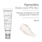 Bioderma Pigmentbio Daily Care FPS 50+ tube with product smear on white background