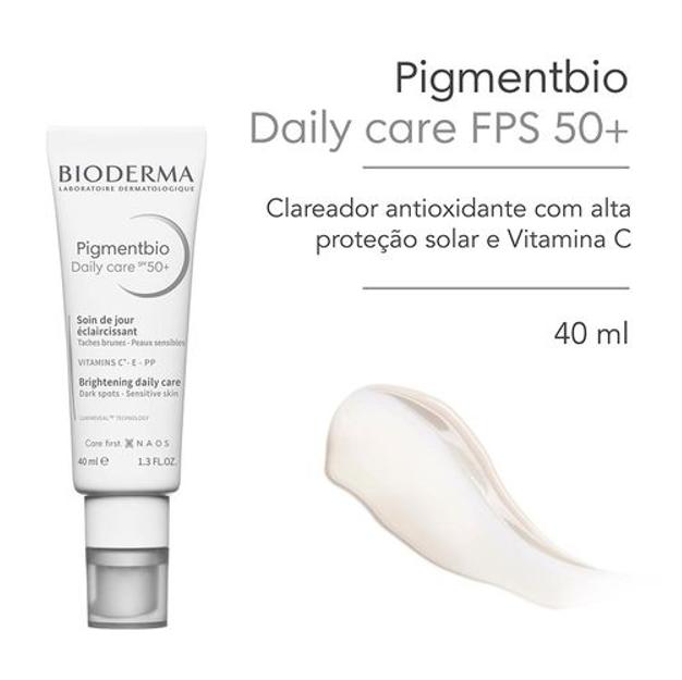 Bioderma Pigmentbio Daily Care FPS 50+ tube with product smear on white background