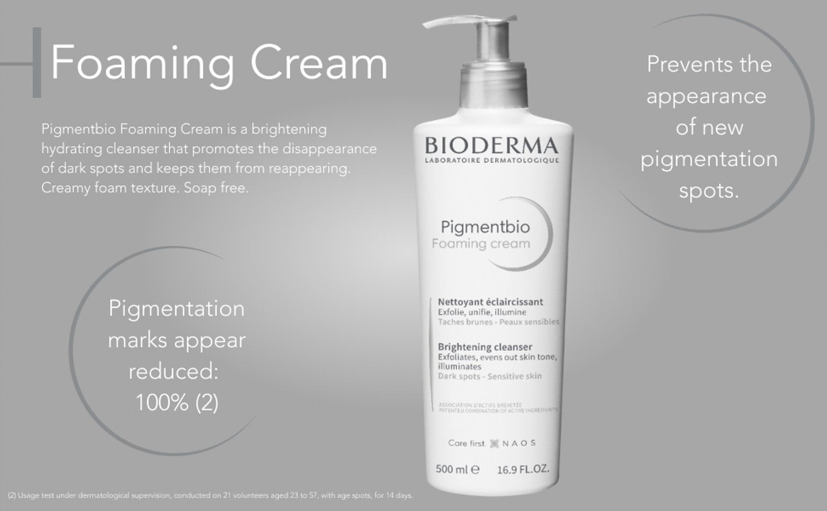 Bioderma Pigmentbio Foaming Cream bottle on a gray background with text about its benefits.