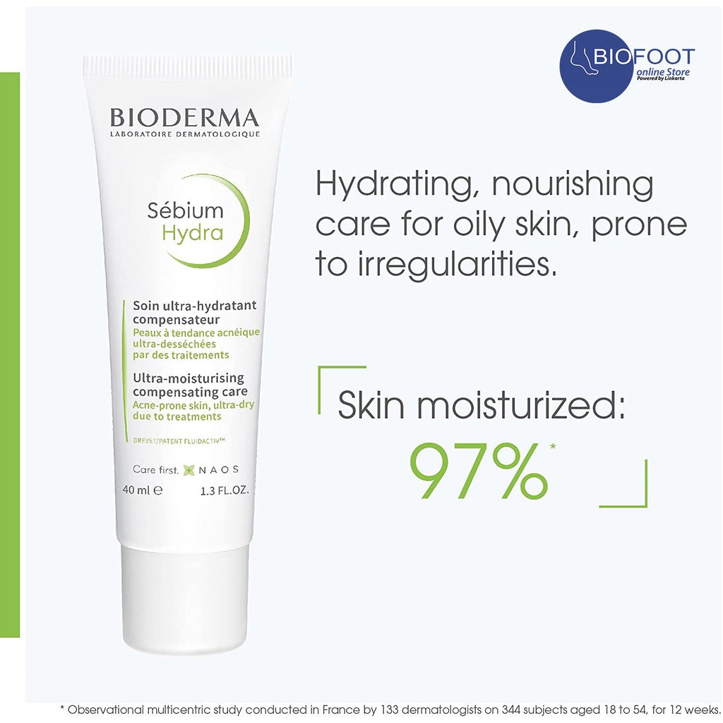 Bioderma Sébium Hydra skincare product with text about hydrating and nourishing care for oily skin.