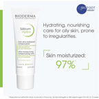 Bioderma Sébium Hydra skincare product with text about hydrating and nourishing care for oily skin.