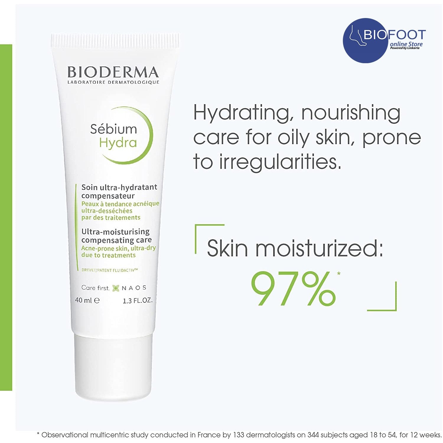 Bioderma Sébium Hydra skincare product with text about hydrating and nourishing care for oily skin.