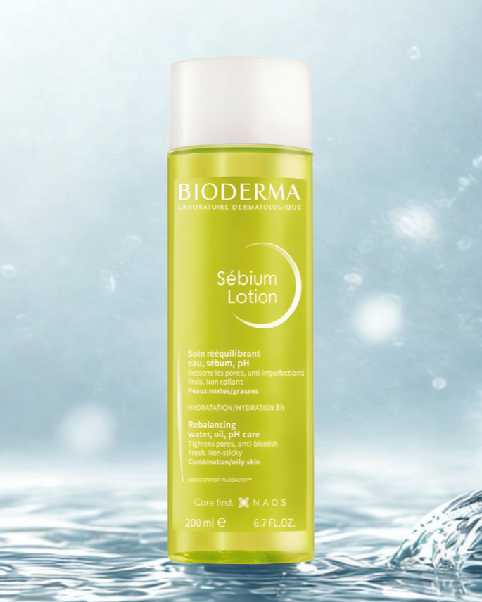 Bioderma Sébium Lotion bottle on a water-themed background
