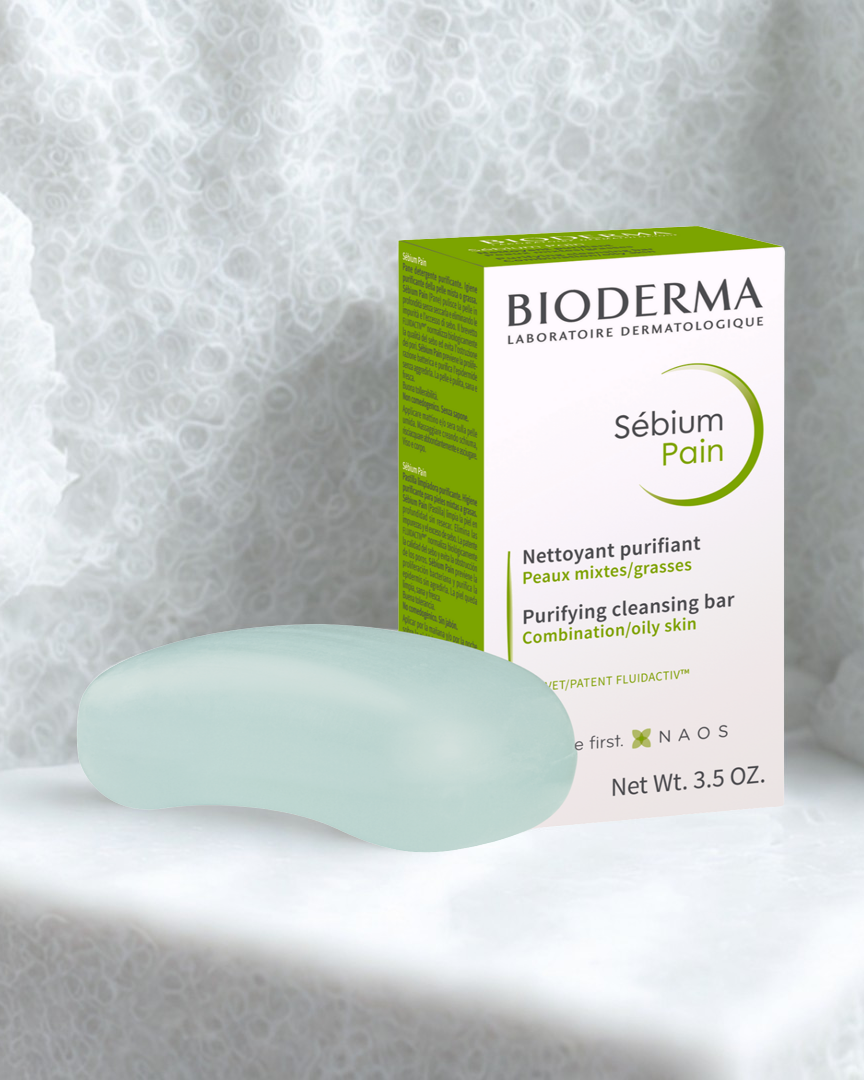 Bioderma Sébium Pain soap bar and packaging on a white background