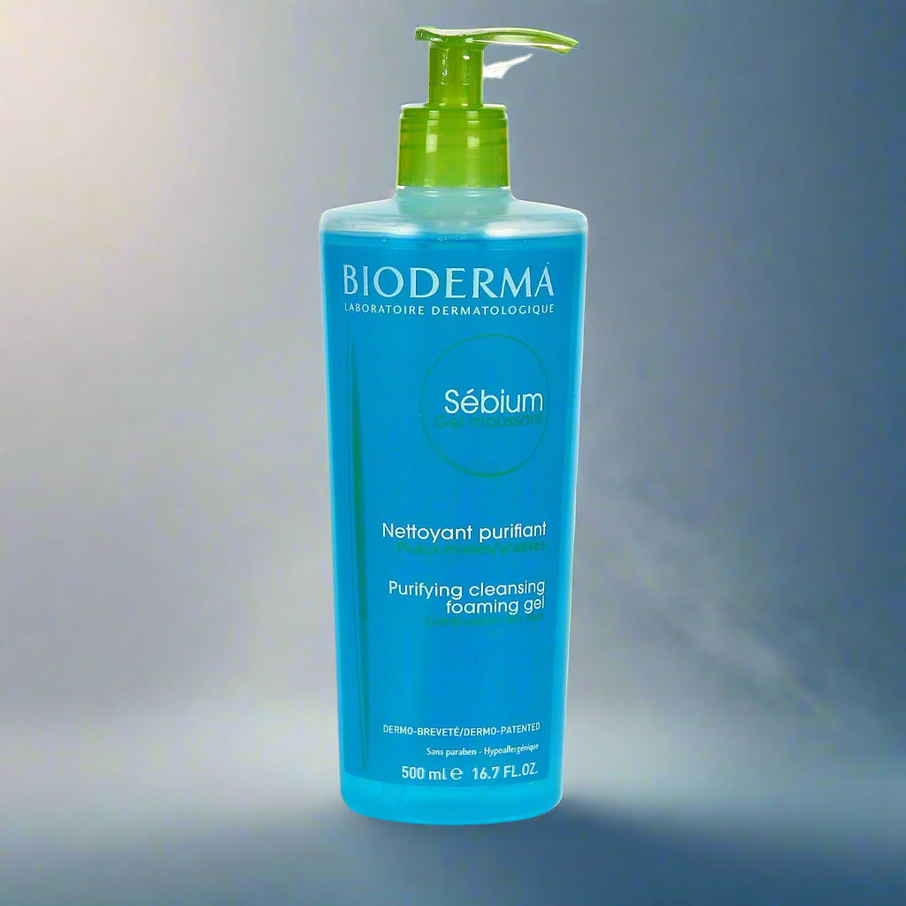 Bioderma Sébium bottle with blue label and green pump on a white background