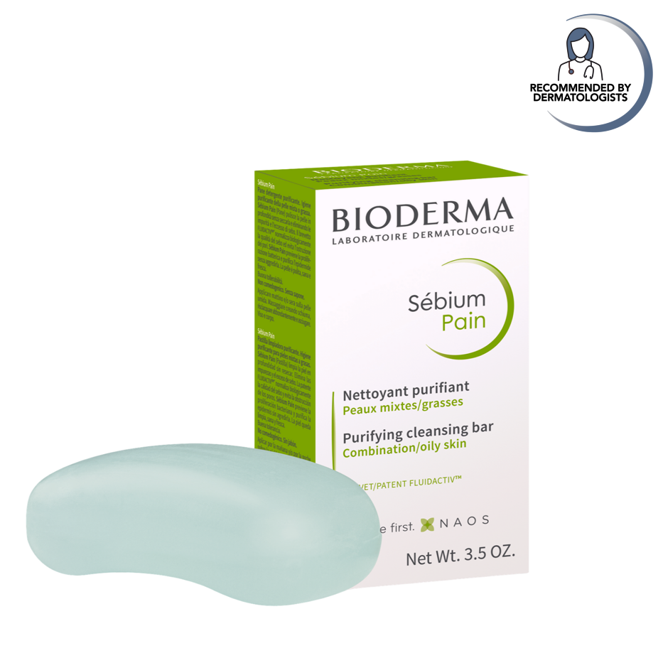Bioderma Sebium Pain soap bar and packaging on a white background