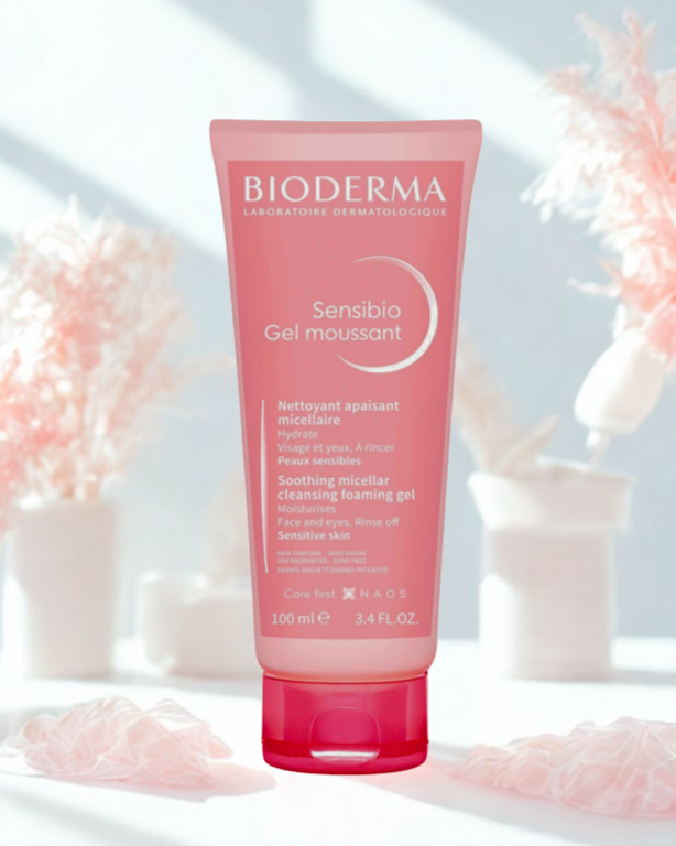 Bioderma Sensibio Gel moussant bottle with decorative flowers in the background