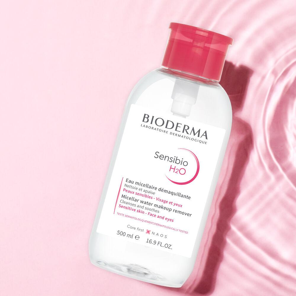 Bioderma Sensibio H2O bottle on a pink background