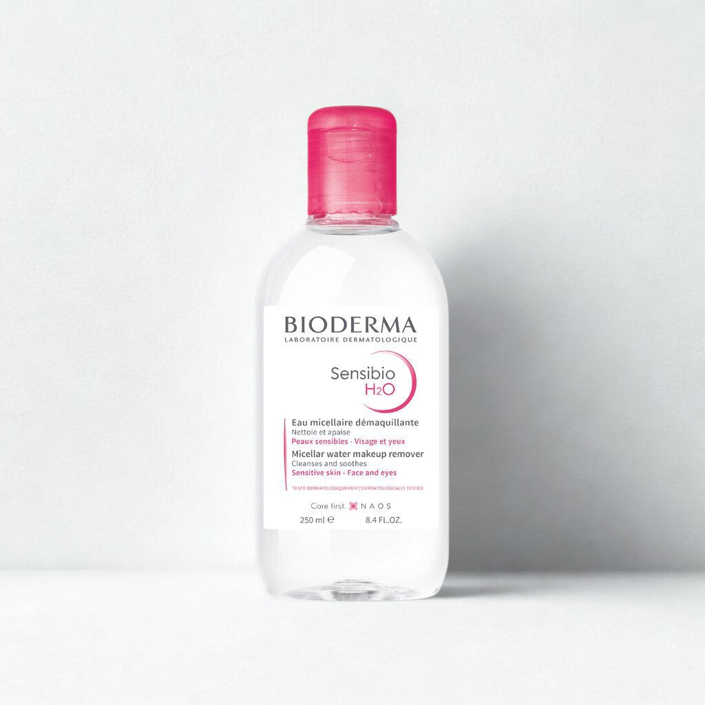 Bioderma Sensibio H2O bottle with pink cap on a white background