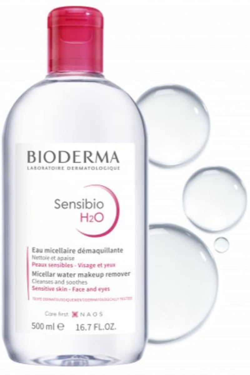 Bioderma Sensibio H2O bottle with pink cap on a white background