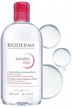 Bioderma Sensibio H2O bottle with pink cap on a white background