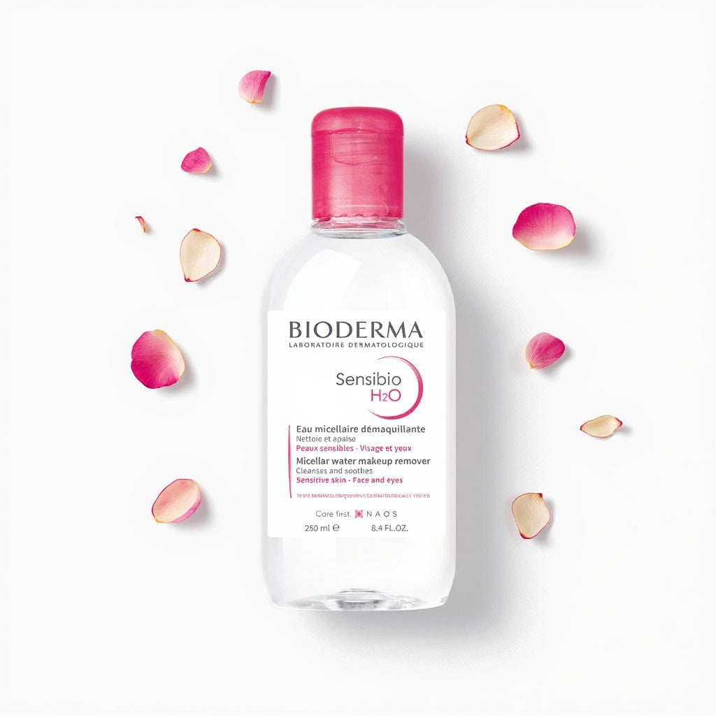 Bioderma Sensibio H2O bottle with pink cap on a white background with rose petals.
