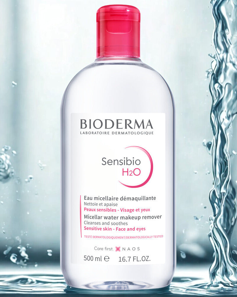 Bioderma Sensibio H2O bottle with water droplets around it