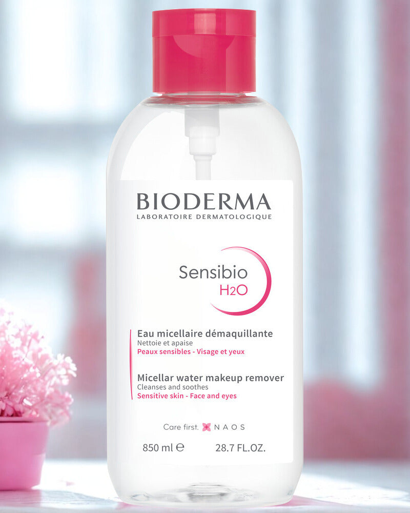 Bioderma Sensibio H2O micellar water bottle on a blurred background