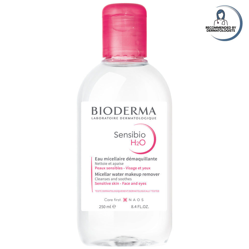 Bioderma Sensibio H2O micellar water bottle with pink cap on a white background
