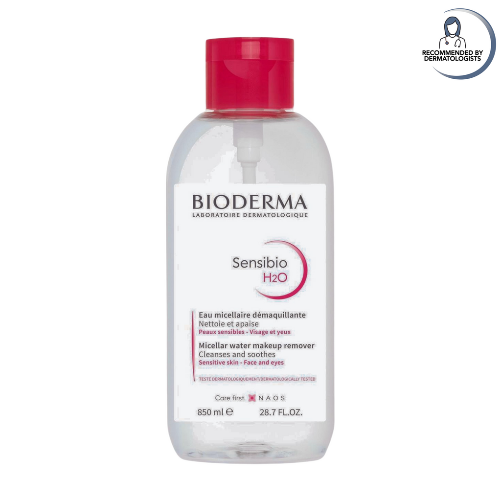 Bioderma Sensibio H2O micellar water bottle with red cap on a white background