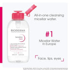 Bioderma Sensibio H2O micellar water bottle with text on a white background