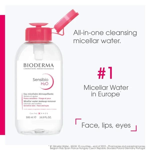 Bioderma Sensibio H2O micellar water bottle with text on a white background