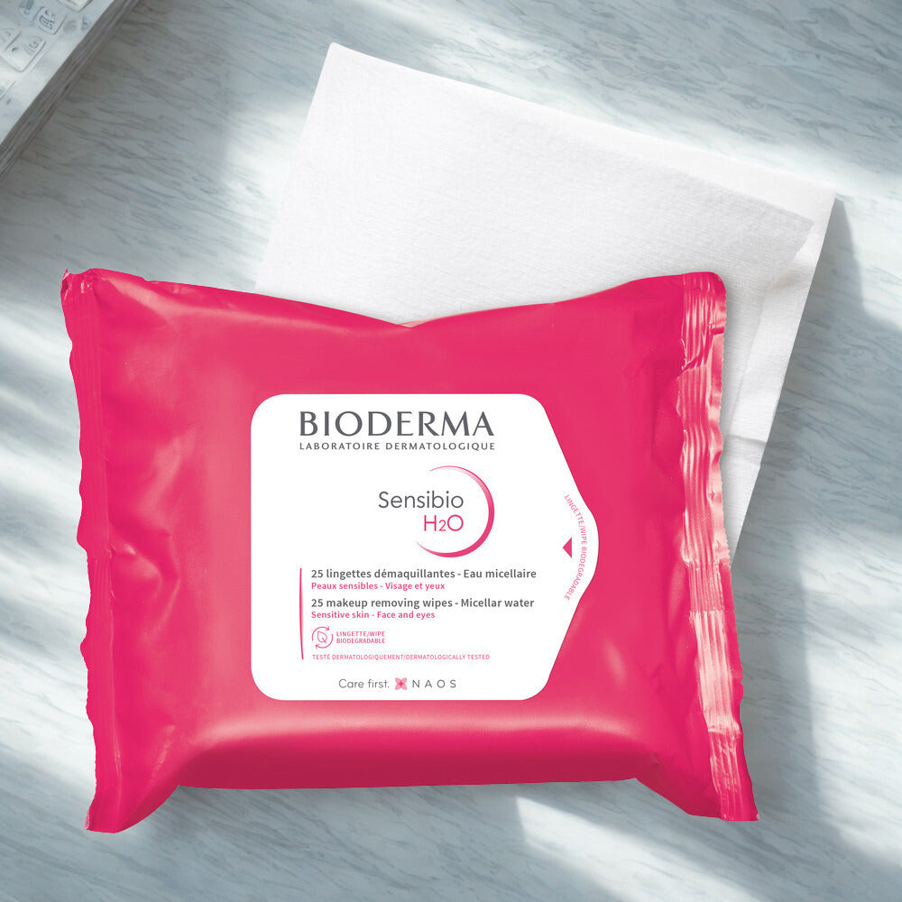 Bioderma Sensibio H2O packaging on a light wooden surface