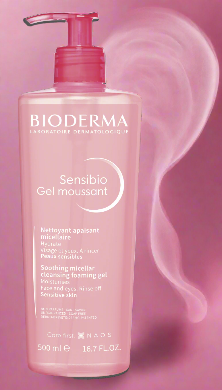 Bioderma Sensibio foaming gel with pump and white towel on white background
