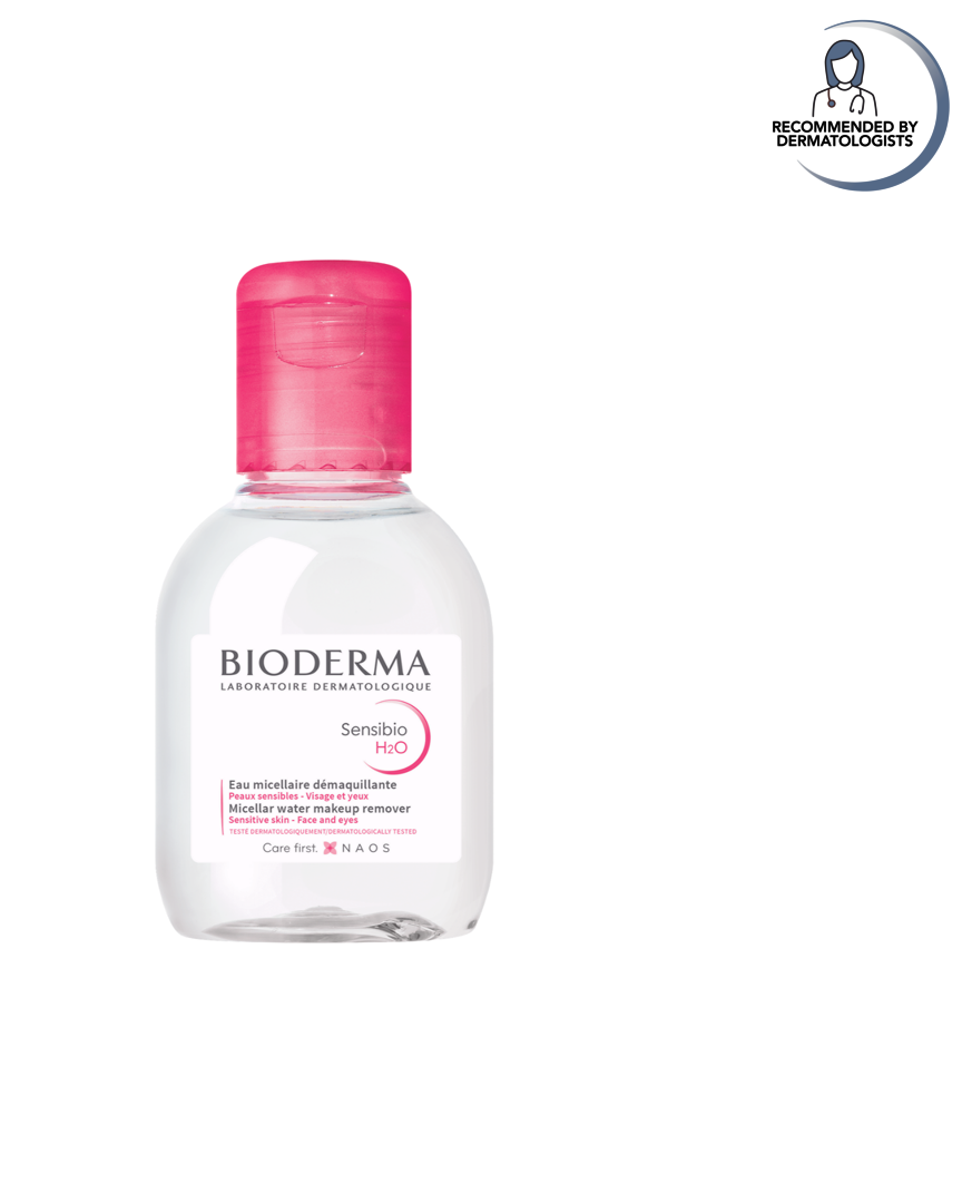 Bioderma bottle with pink cap on a white background