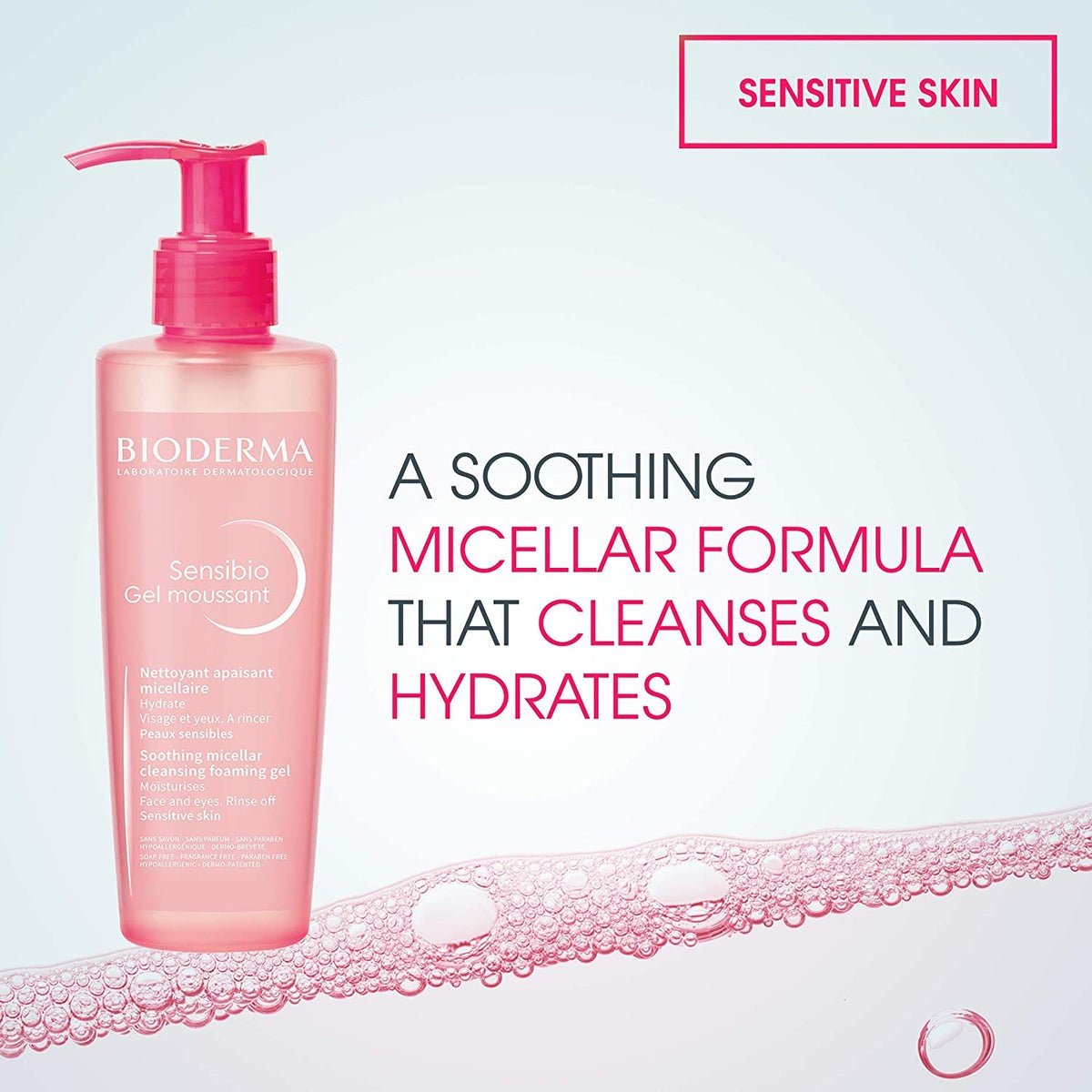 Bioderma  bottle with text on a light gray background