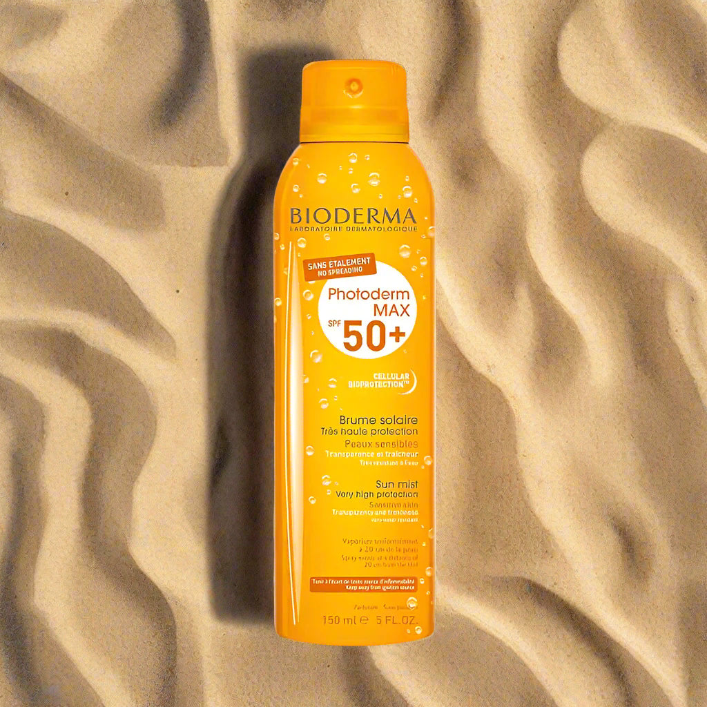 Bioderma sun mist spray bottle on a white background