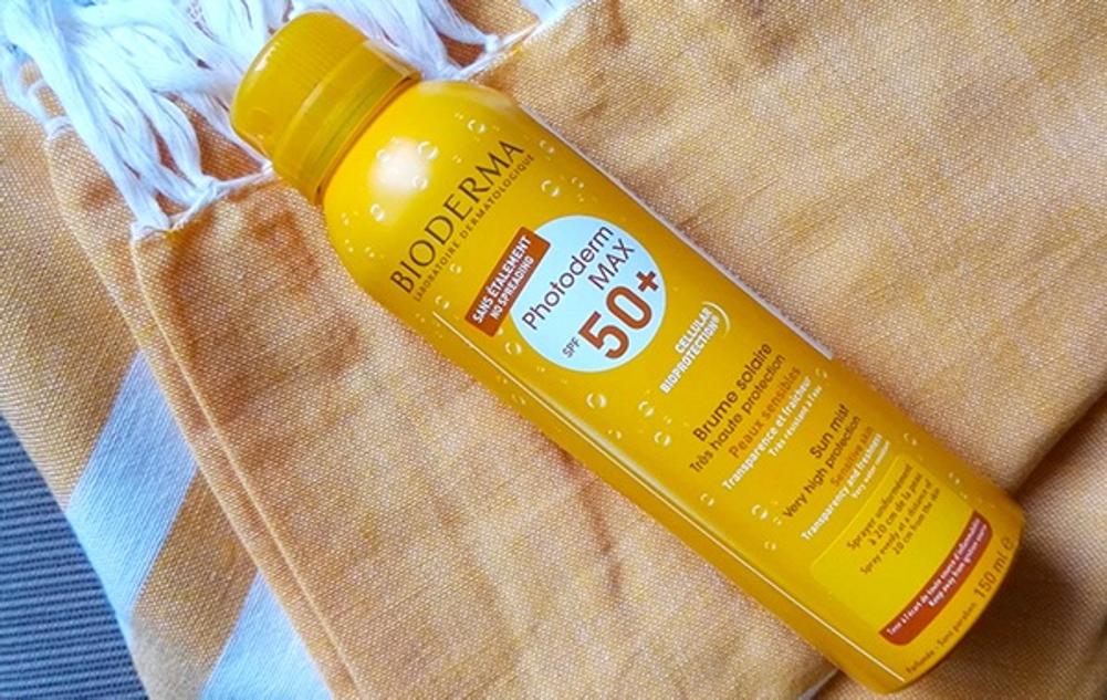 Bioderma sunscreen bottle on a towel