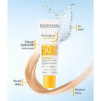 Bioderma sunscreen bottle with water droplet and skin texture on a light blue background