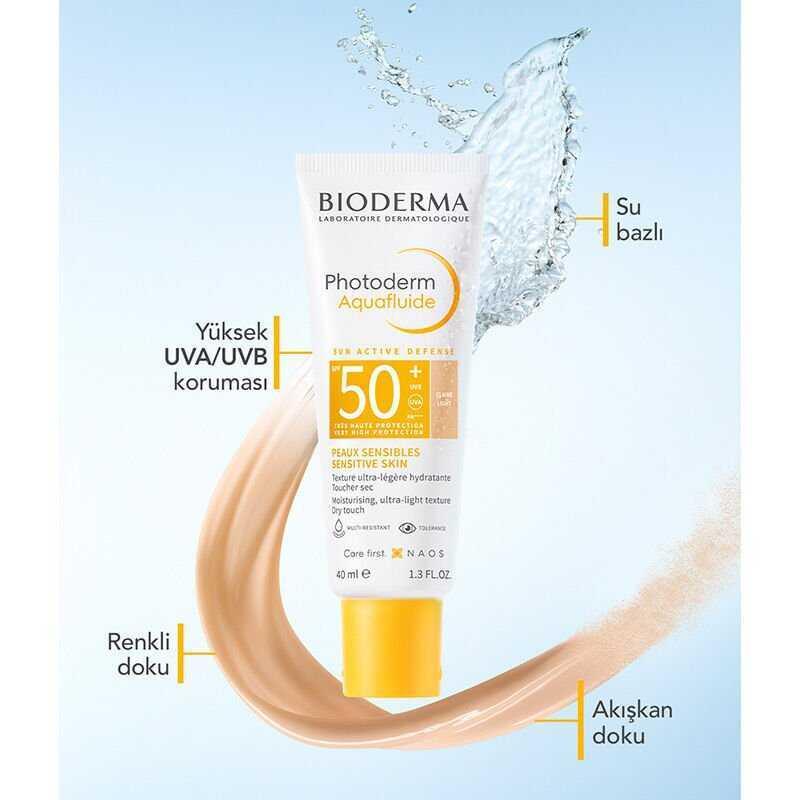 Bioderma sunscreen bottle with water droplet and skin texture on a light blue background