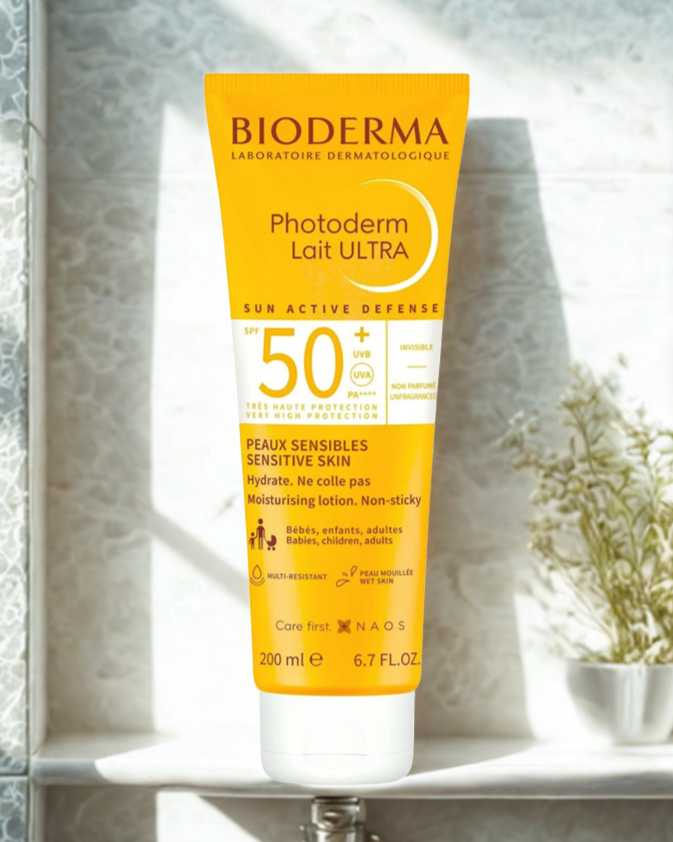 Bioderma sunscreen lotion bottle on a decorative shelf with plants