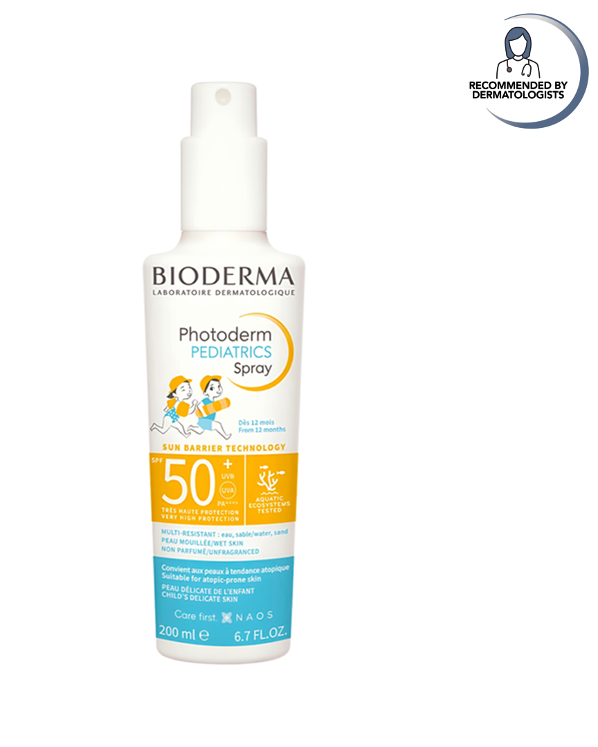 Bioderma sunscreen spray bottle on a white background