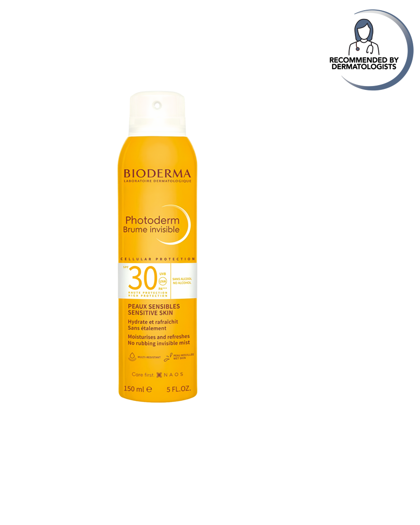 Bioderma sunscreen spray bottle on a white background