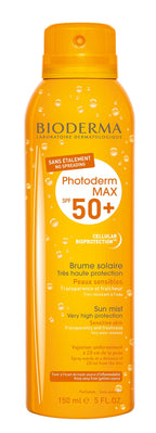 Bioderma sunscreen spray bottle with orange label on a white background