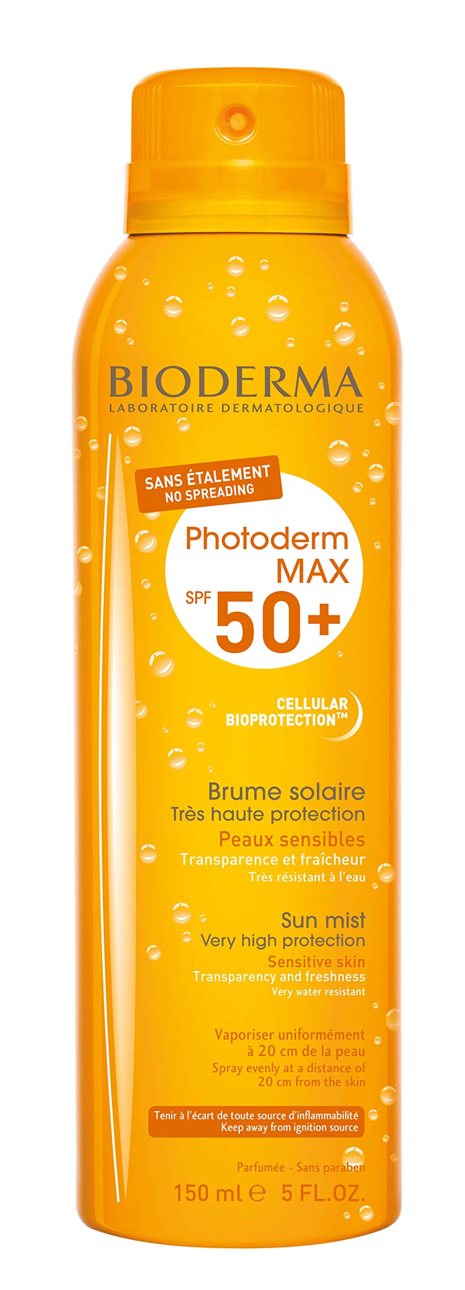 Bioderma sunscreen spray bottle with orange label on a white background