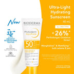 Bioderma sunscreen tube with product details on a white and orange background