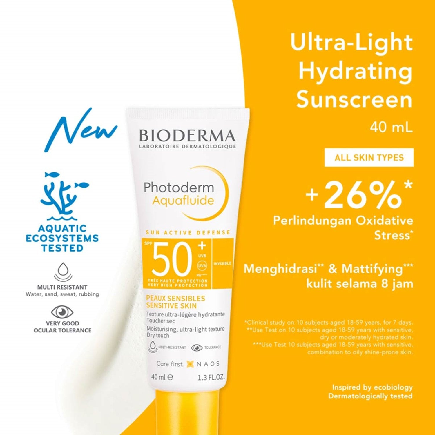 Bioderma sunscreen tube with product details on a white and orange background