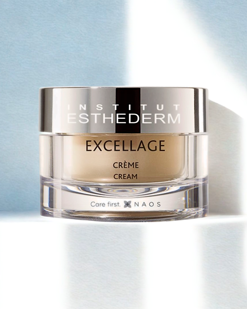Institut Esthederm Excellage Crème cream jar on a light blue background
