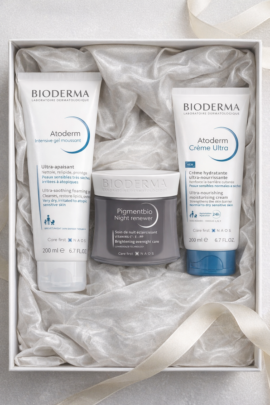 Bioderma skincare product set in a box with a ribbon